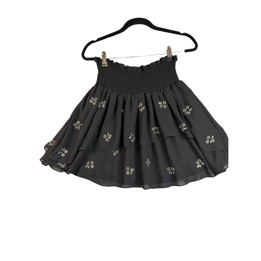 The Kooples Black Smocked High Waist Embroidered Floral Ruffle Mini Skirt Size 2